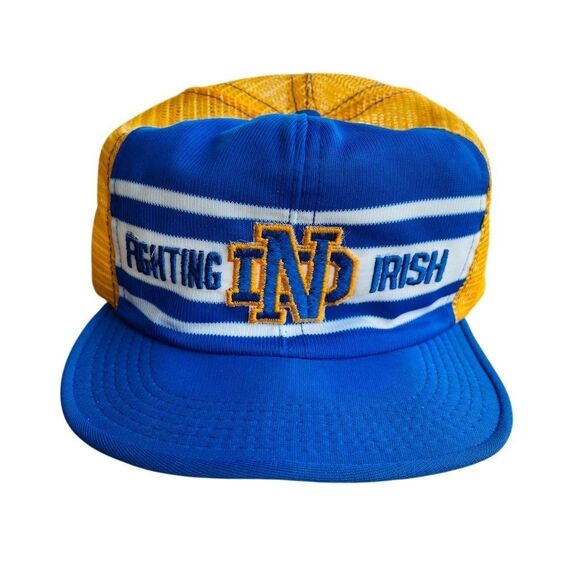 Vintage 80s Notre Dame Fighting Irish Snapback Trucker Hat Blue - Picture 1 of 5